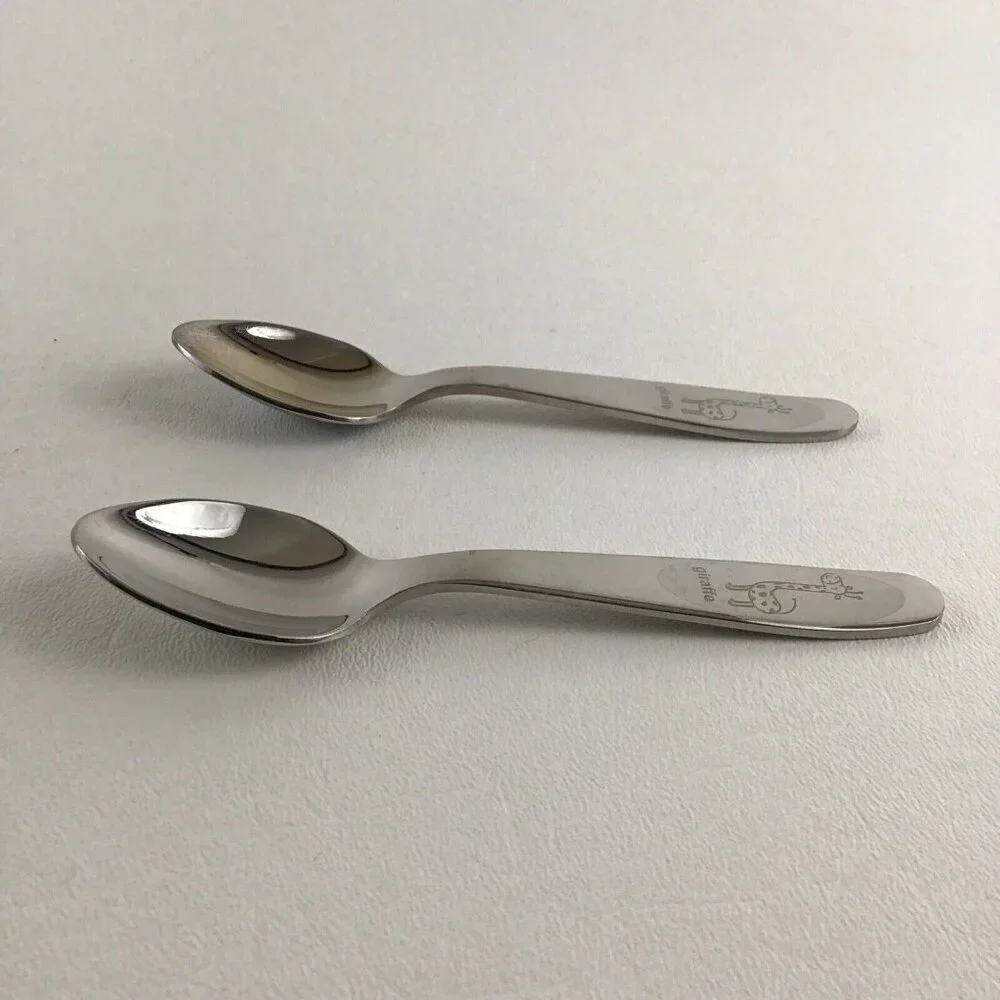 2 Baby Toddler Child Feeding Spoon Set Giraffe Silver Pair Lot - Picture 5 of 7